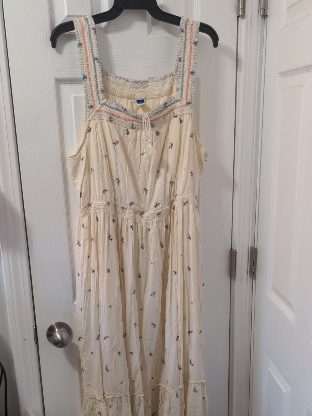 Cream Floral Embroidered Sleeveless Maxi Dress With Pink And Blue Flowers/Trim